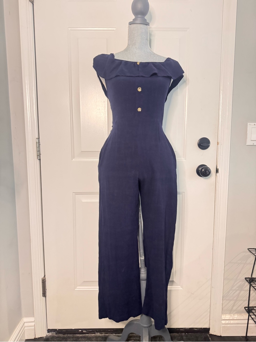 Love Tree Navy Ruffle-Trim Wide-Leg Jumpsuit with Gold Buttons